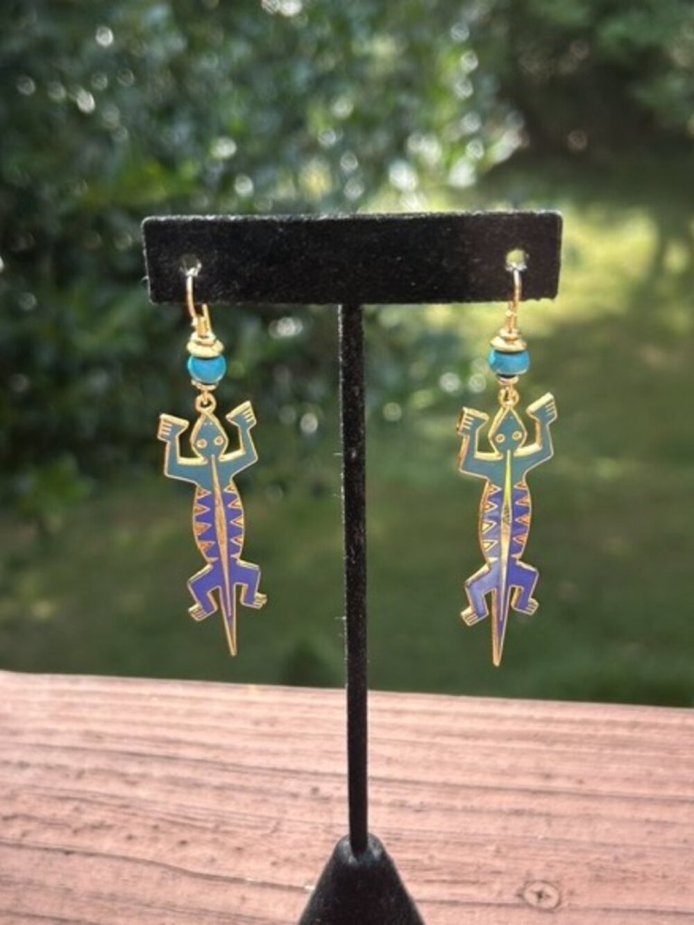 LAUREL BURCH “Lizardo” Gecko Teal Purple Enamel Cloisonné Gold EARRINGS